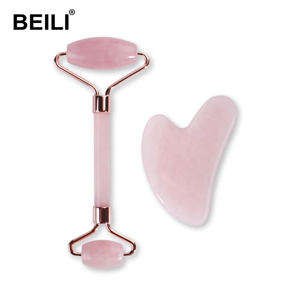 

BEILI Face Massager Green Jade Rollers Facial Skin Care Tools Natural Stone Gouache Scraper For Face Beauty Roller Massagers Set, Pink
