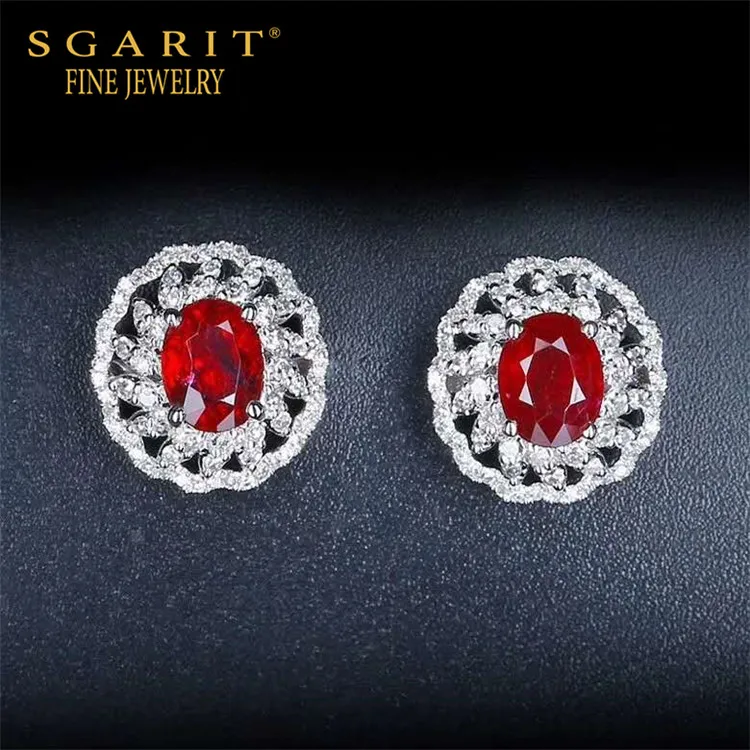 

SGARIT hot sale flower jewelry 18k gold gemstone stud 1.3ct natural unheated pigeon blood red ruby stud earring women