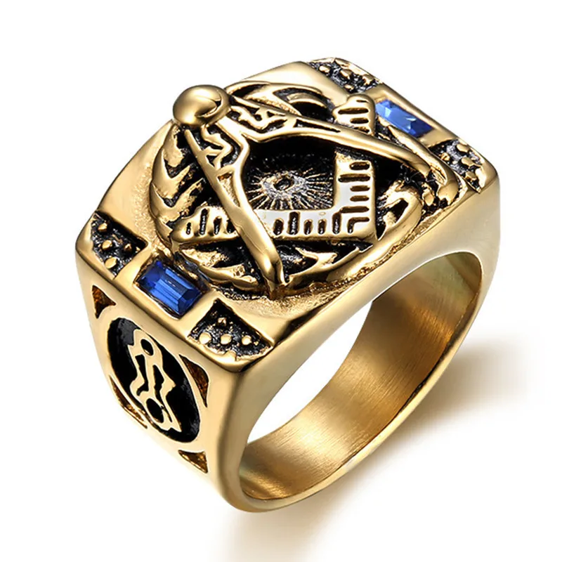 

Vintage stainless steel ring with blue gemstone and gold masonic personality titanium steel ring stainless steel punk ring