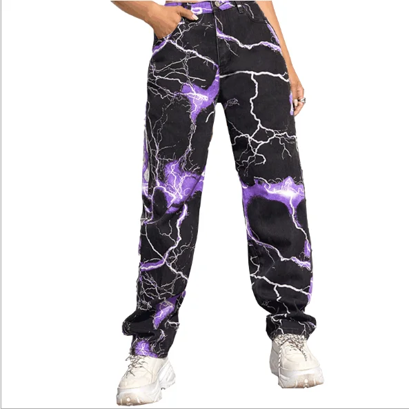 

Hot Sale lightning denim trousers washed printed women jeans cool purple straight pants