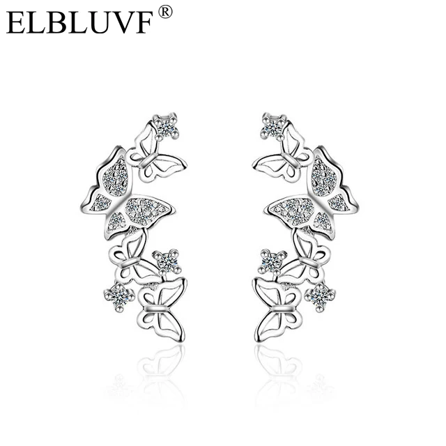 

ELBLUVF Free Shipping Copper Zircon Platinum Plated Jewelry Korea Design Animal Butterfly Earrings For Women, White gold