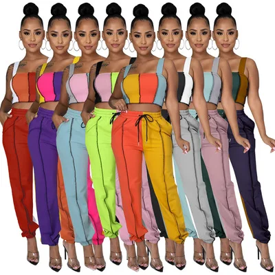 

Sportswear Two piece tank top color patchwork 2 piece lounge pants set sweatsuit woman clothes outfits women 2021