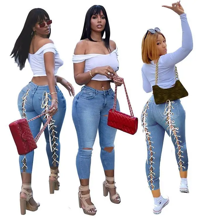 

2021 High Quality With Zip Fly Summer Fashion Streetwear Ladies Ripped Jeans Plus Size Women Denim Pants