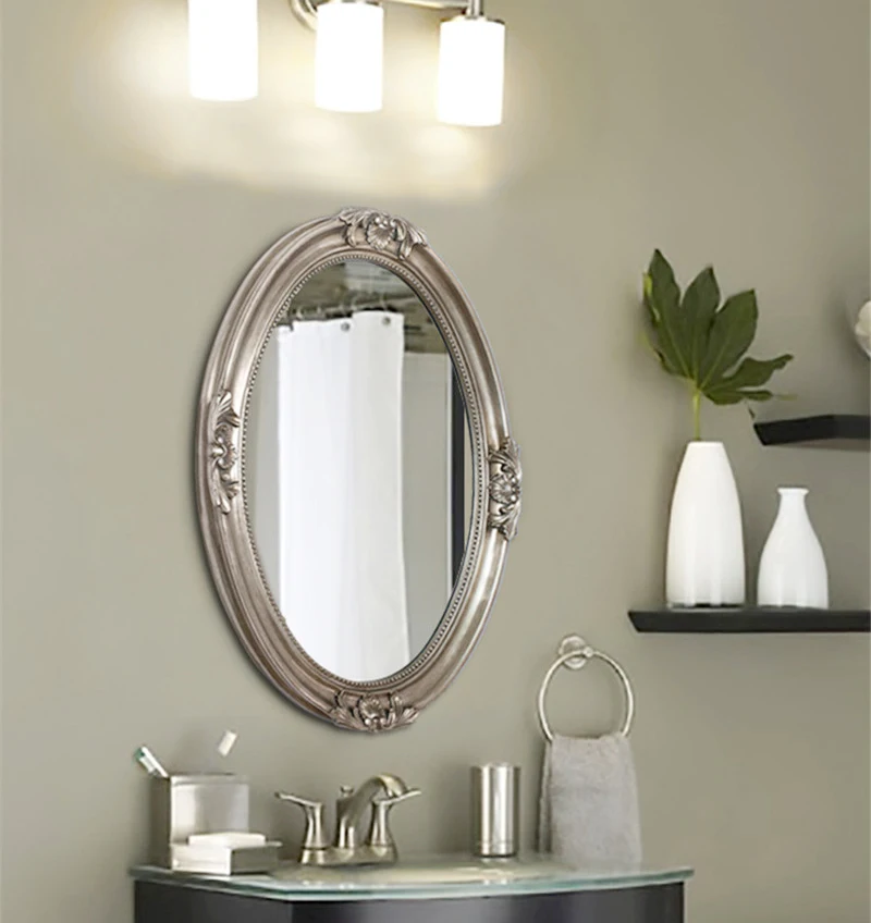 

Factory sale stock polyurethane oval framed mirror for bathroom anti fog moth proof framed wall mirror for bathroom, Antique silver