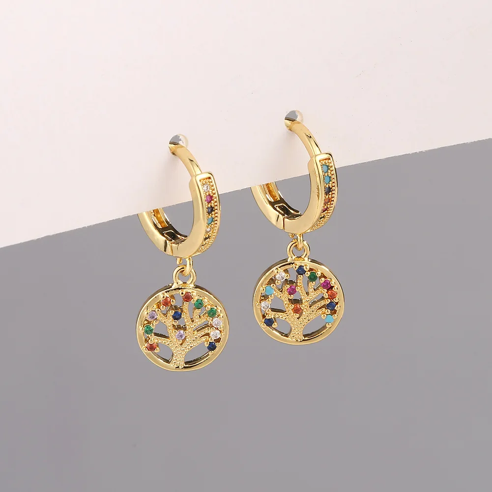 

New Fashion 18k Gold Plated Inlaycolourful Zircon Sterling Silver Tree Of Life Minimalist Hoop Earrings For Women