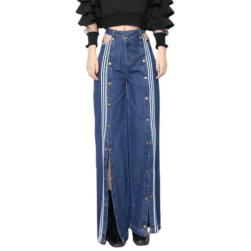 

TWOTWINSTYLE High Waist Split Side Patchwork Colorblock Loose Denim Women Pants Trousers Lady Jeans