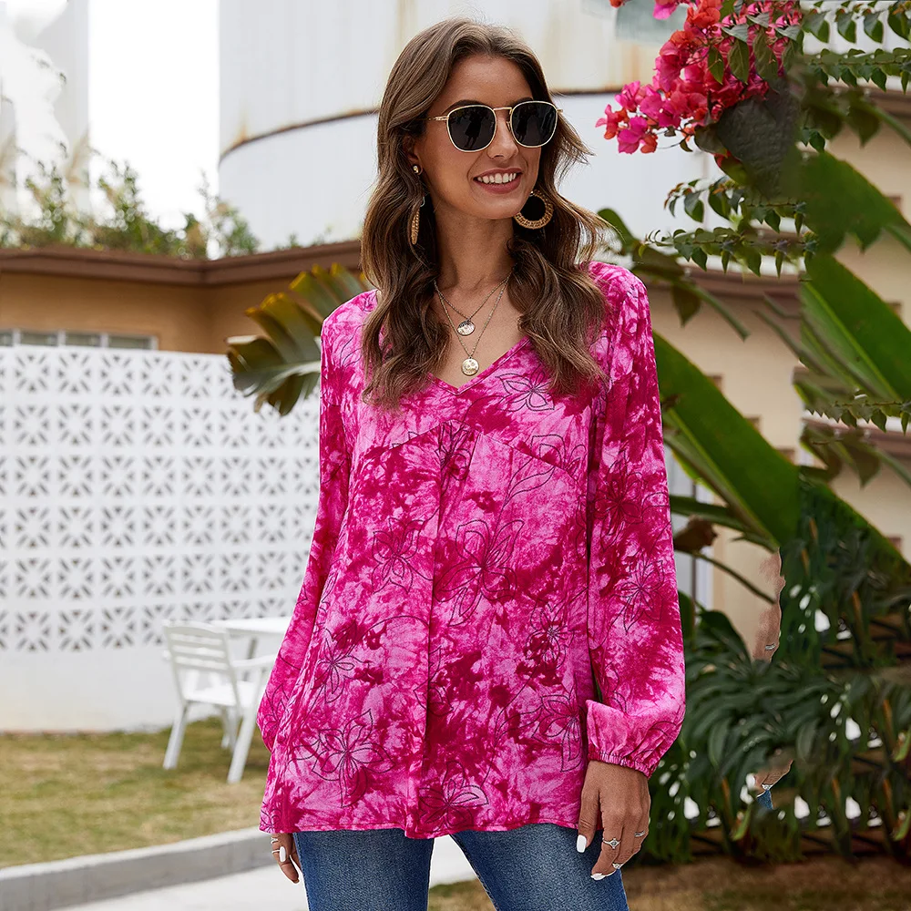 

WW-0547 Top Female Leisure V-neck Tie-dye Long-sleeved Shirt Long Sleeve V neck Womans Tie Dye Blouses Tops Shirt, Customized color