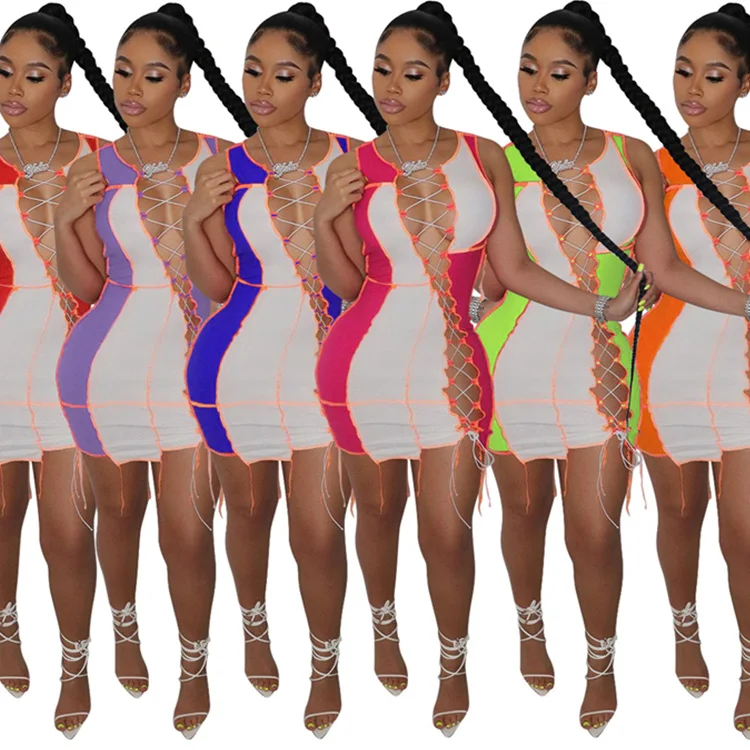

DUODUOCOLOR Summer 2021 bodycon dresses clashing color splicing sexy club wear hollow out bandage dress D97227