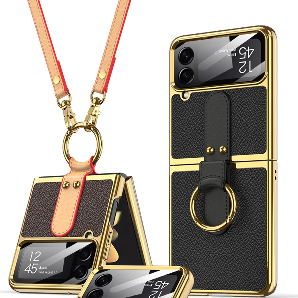 

item hot selling online plating cover ring mobile flip cover phone case leather phone case with strap for samsung z flip 4 case