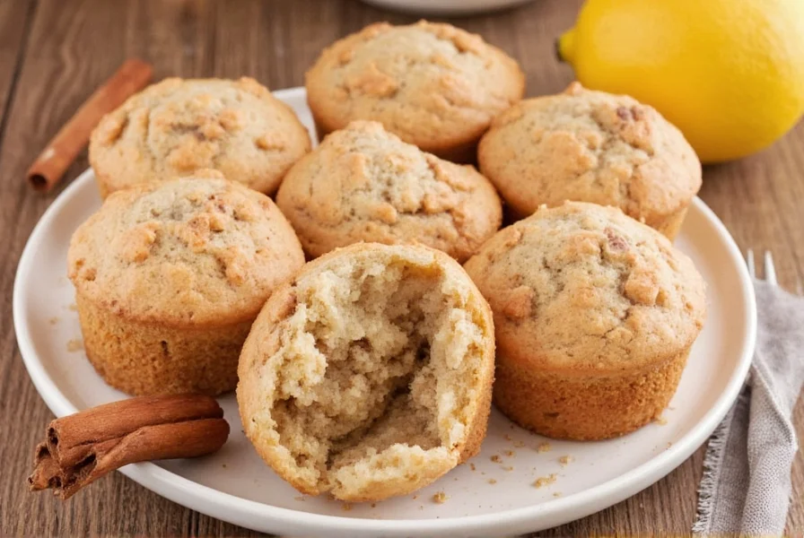 Perfect golden brown cinnamon muffins with visible cinnamon swirls and crunchy sugar topping arranged on a rustic wooden board