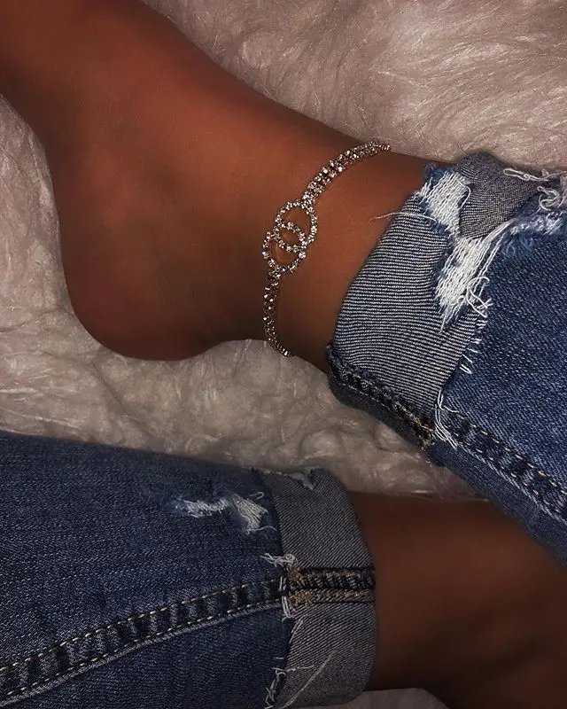 

Ins Popular Circle Round Diamond Crystal Anklets Double Row Tennis Chain Rhinestone Ankle Bracelet, Gold silver