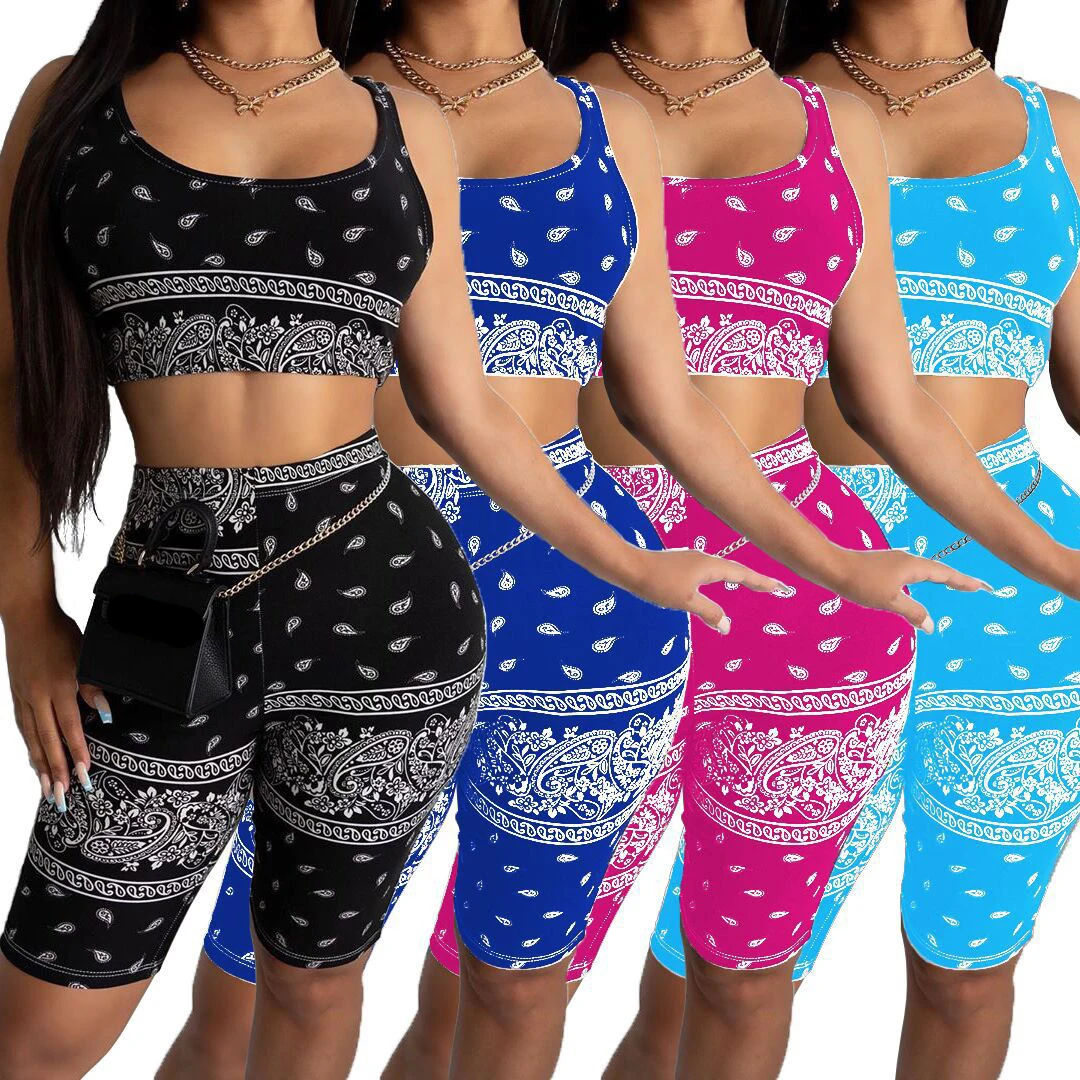 

2021 Fashionable Female Digital Printing Multi-color Sports 2 Piece Shorts Sets Women Bandana Two Piece Pants Set Summer, Customized color