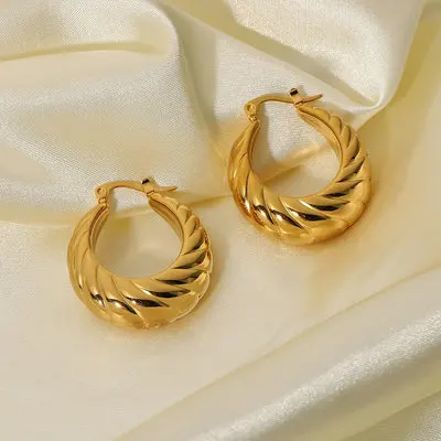 

NINE'S Chunky Twist Huggie Earring Hoops 18K Gold Plated Stainless Steel C Shaped Twisted Croissant Hoop Earrings