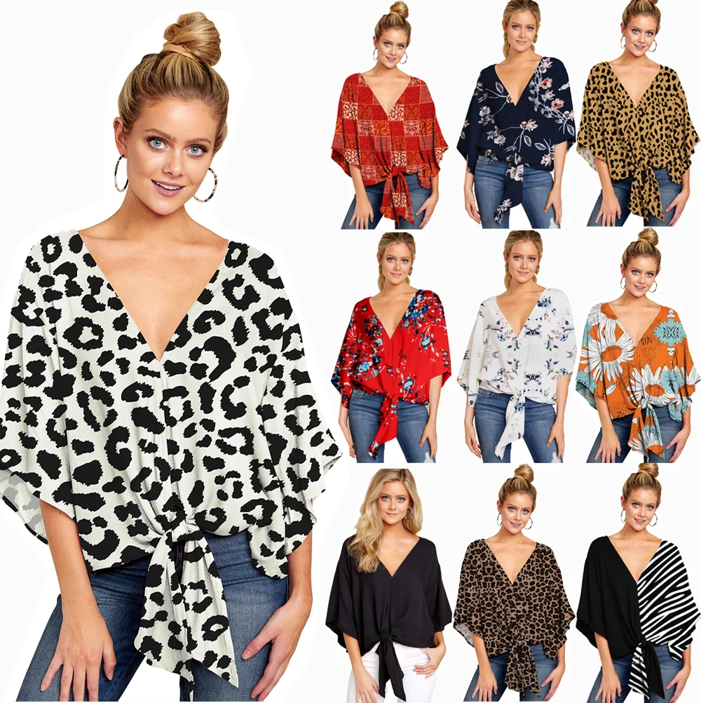 

Summer floral print chiffon t-shirt deep v-neck womens blouse shirt tops