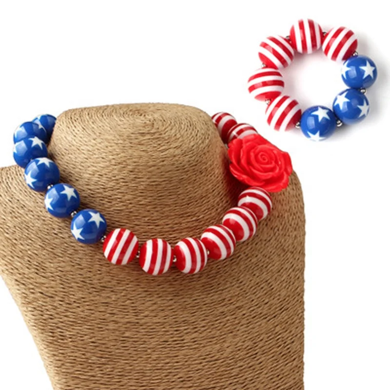 

MIO Birthday Gift Children Simple Acrylic Bead Necklace Jewelry Little Princess Jewelry Suit, Usa flag pattern