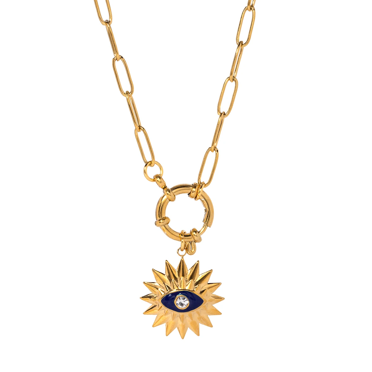 

J&D Jewelry 18K Gold Plated Stainless Steel Sun Cubic Zirconia Blue Enamel Evil Eyes Necklace