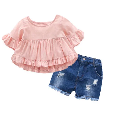 

F10135A Kids short sleeve top +ripped jeans two piece sets clothing, Pink /white