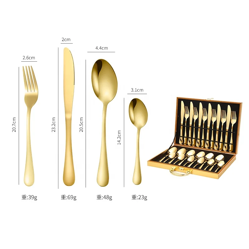 

Hot Selling Stainless Steel 24PCS Gold Cutlery Set Packing with Wood Box