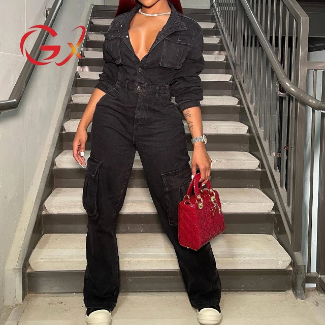 

GX8536 Autumn Winter Vintage Long Sleeves Jeans Bodysuit One Piece Elegant Denim Cargo Jumpsuit Women