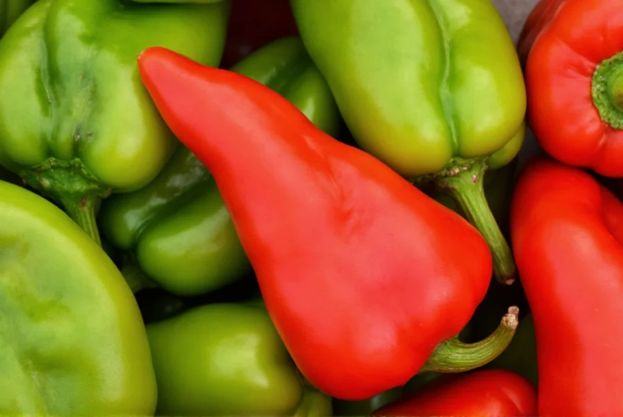 Close-up of fresh serrano peppers showing their distinctive shape and color variations from green to red