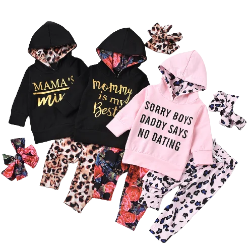 

2021 New long sleeve hooded monogram hoodie patterned flower trouser three pieces suit girls clothing sets for wholesale, As pic shows, we can according to your request also