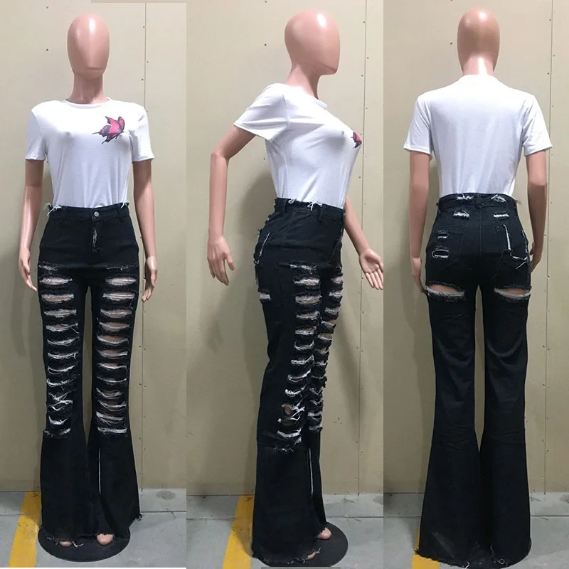 

Summer 2021 women clothing Trend Wide Leg Ripped Horn Bell Bottom Denim Women Jeans, Picture