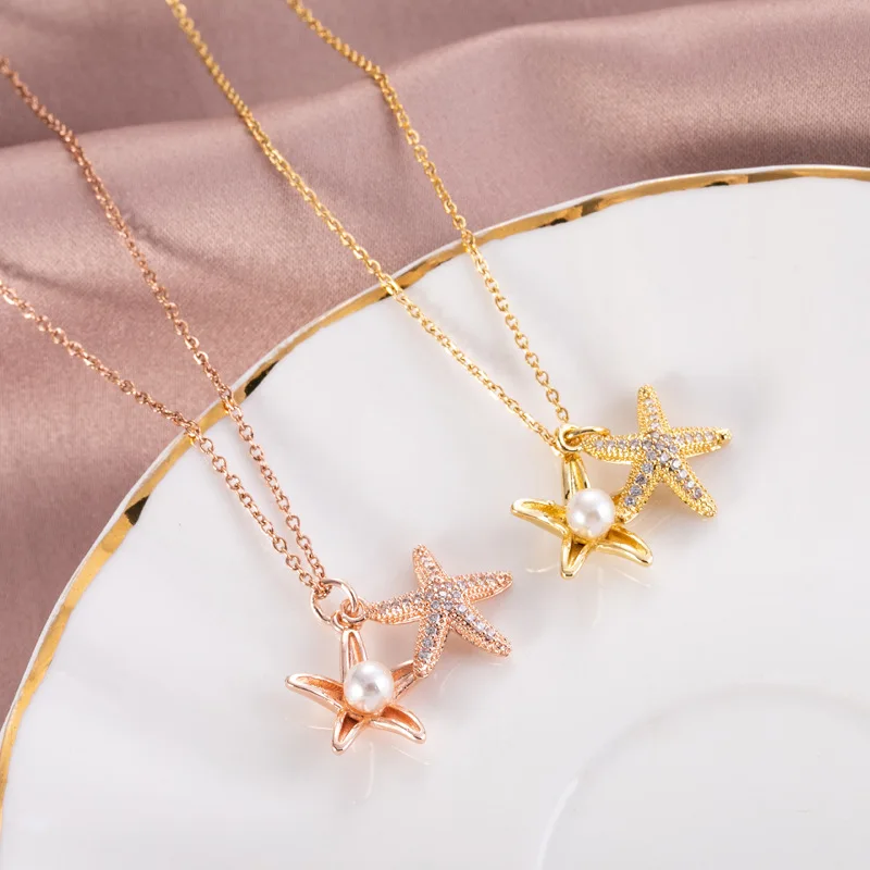 

Fashion Women Jewelry Micro Paved Cubic Zircon Pearl Starfish Pendant Necklace 316L Titanium Steel Starfish Necklace