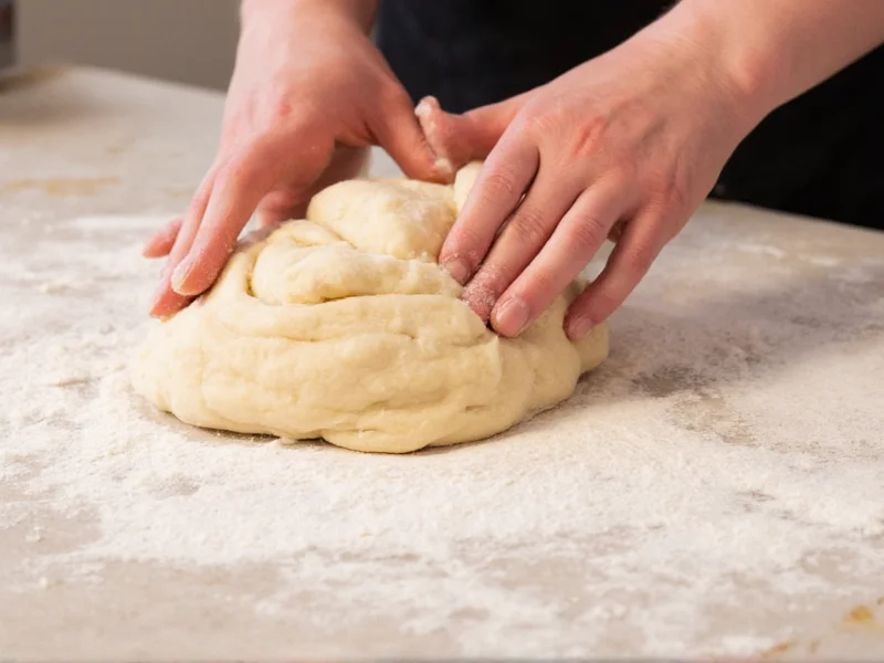Hands kneading beignet dough on floured surface