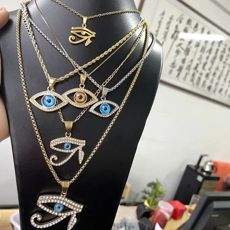 

2021 new style Wholesale stainless steel gold plated diamond evil eyes blue eye pendant women charm necklace