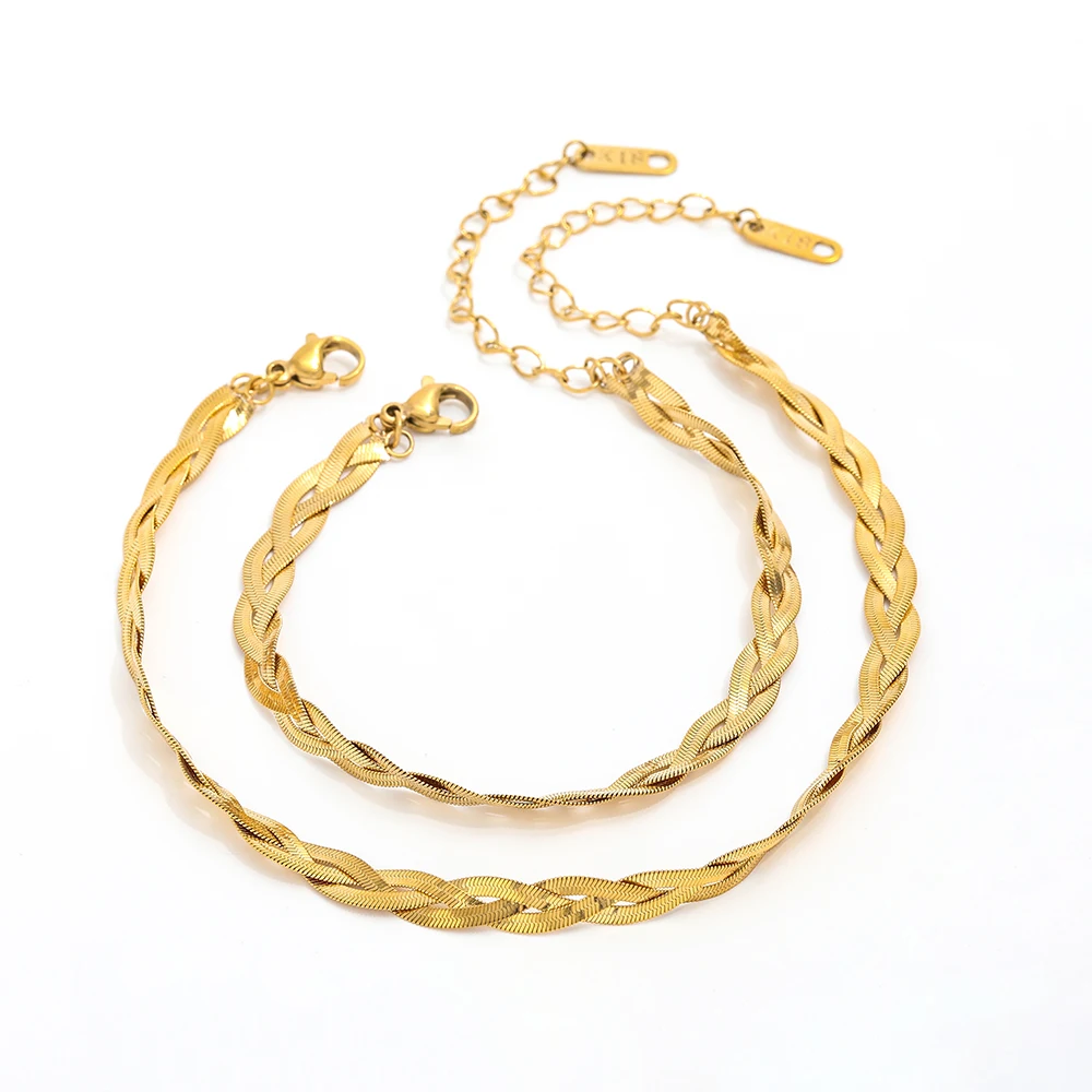High End Women's 18k PVD Gold Plated Stainless Steel Snake Chain 3-Layer Knit Bracelet Anklet Set for Gift Wholesale Jewelry