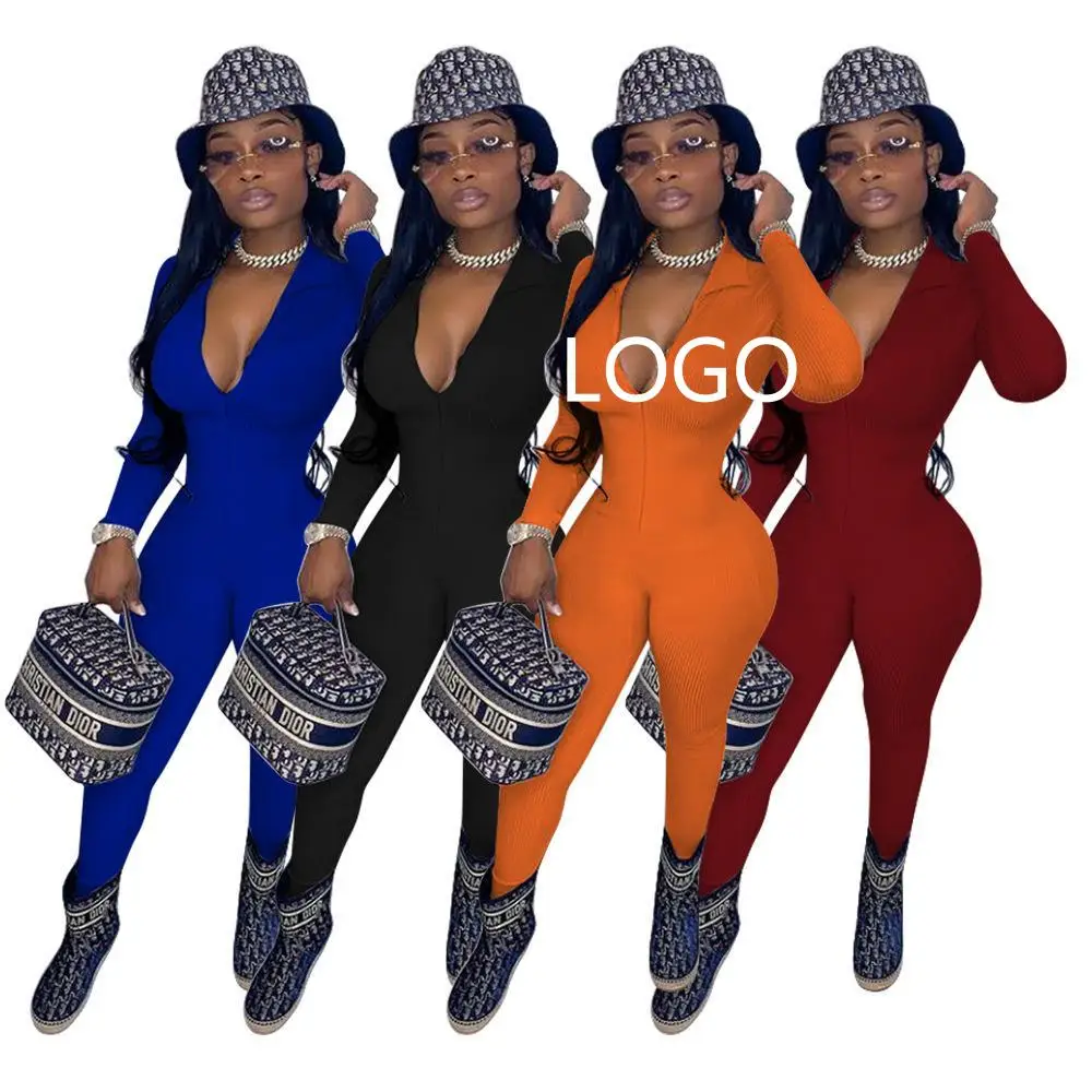

Custom Logo Rompers Long Sleeve Fall Winter Women's Solid Color Explosive Slim Sexy v-Neck Jumpsuit