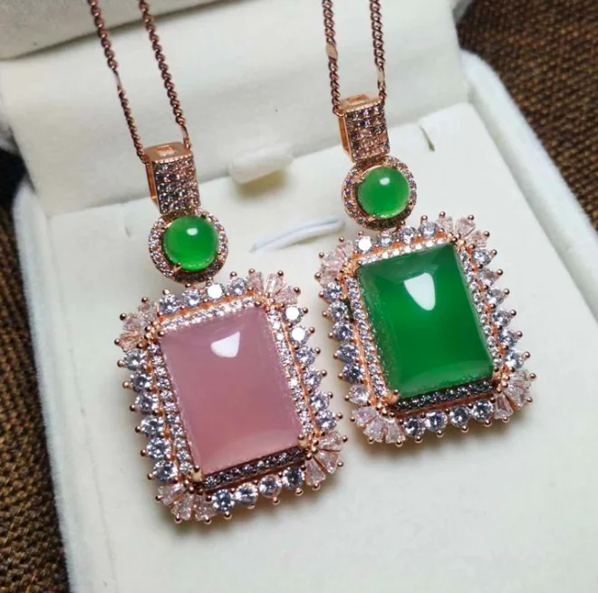 

jialin jewelry 2020ins wholesale green pink agate chinese square card shape rectangle jade stone pendant necklace