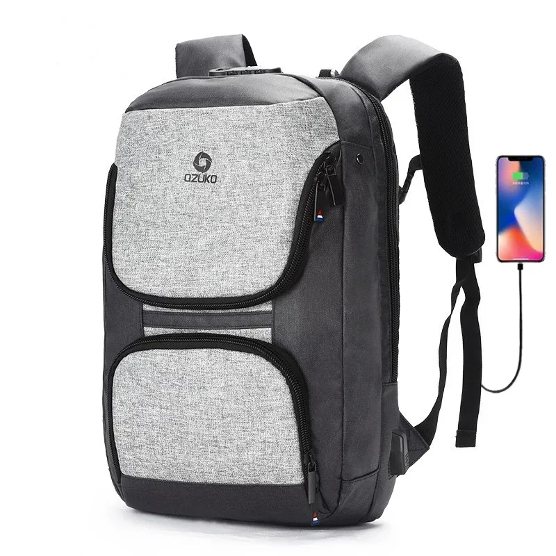 

Ozuko D9029 Rechargeable Fashion School Bags Waterproof College Bag Anti Thief Laptop Bagpack Backpack, Black,blue,gray