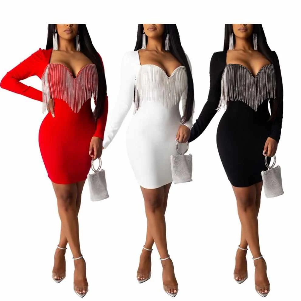 

Autumn Crystal Tassels Bodycon Party Sexy Lady Dress For Women Clothing, Customized color