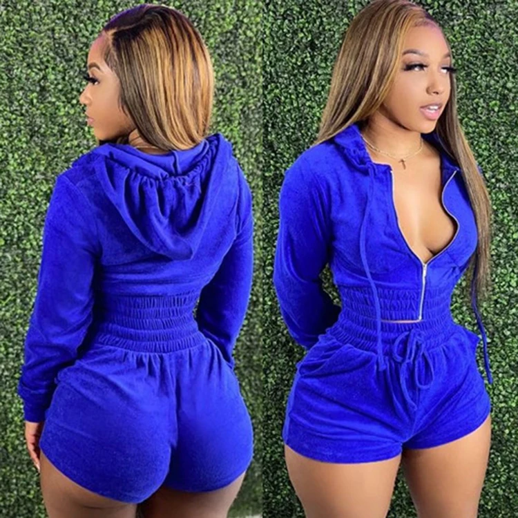 

Fall Women Clothing Fashion Casual Zip-Up Hooded Collar Long Sleeve Solid 2 Pieces Shorts Sets, Yellow,white,fluorescence green,blue,rose red