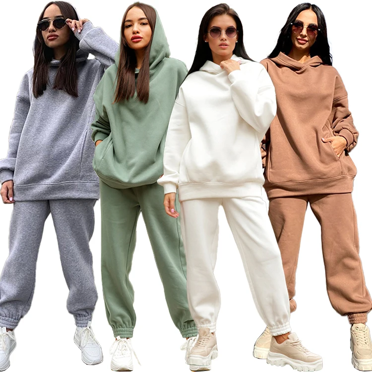 

2021 Custom Fall Winter New Style Fashion Casual Solid Color Long Sleeve Hoodies For Women 2 Piece Pants Set Hoodie Women