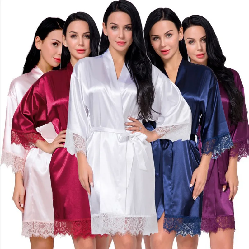 

9S4U Short Design Satin Sleepwear Women Kimono Silk Matte Satin Lace Bridal Robes, Customized color