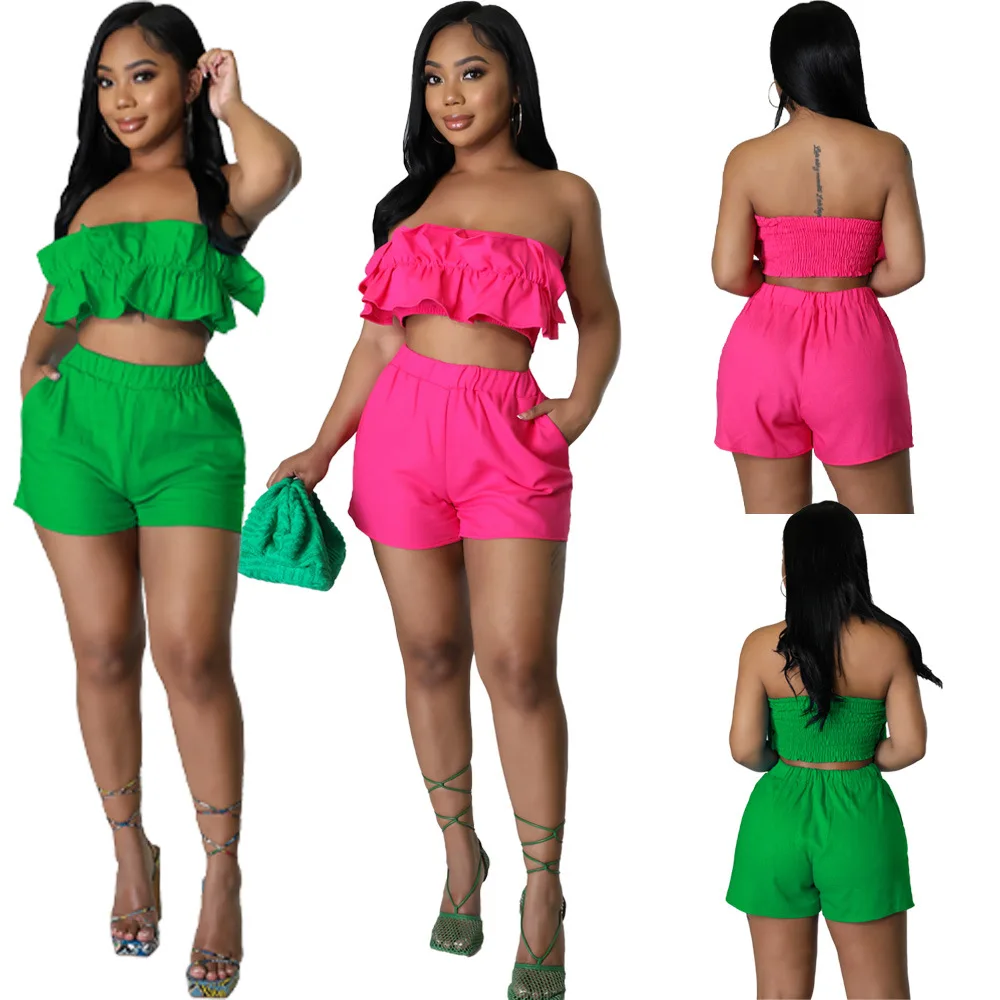 

C0401TA5 New Trend Strapless Ruffled Crop Top Solid Color Shorts 2-piece Set Sehe Fashion