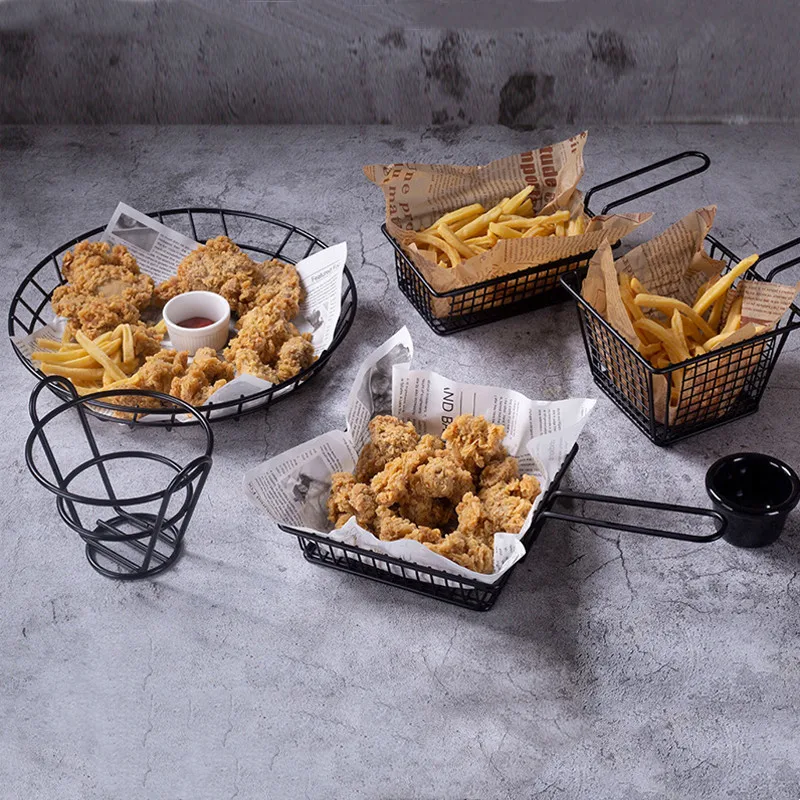 

DYS063 American Creative Tableware Wrought Iron Snack Basket Mini French Fries Fried Chicken Basket Bread Snack Basket Plate, Black