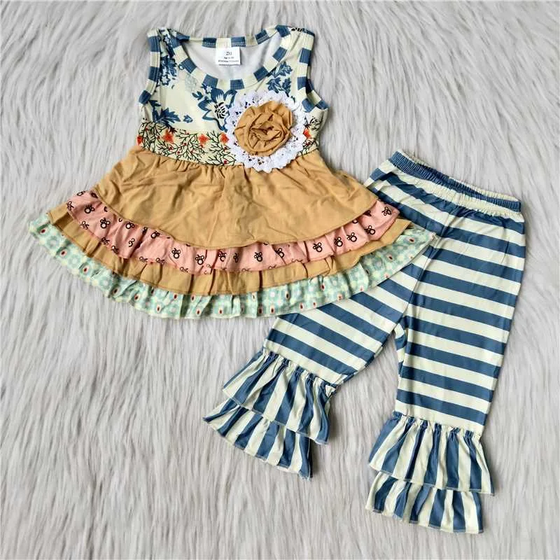 

Kids flowers print outfits baby girls spring vest top stripe pants children clothing sets boutique wholesale new arrived RTS