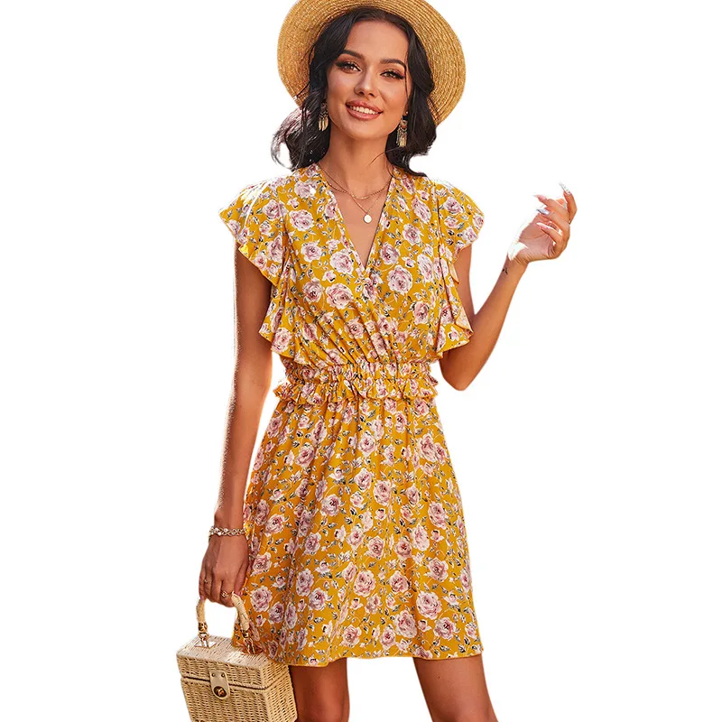 

Wholesale European Styleee Hot Sale V-neck A-line Skirt Waist Printed Women's Dress