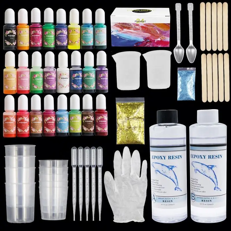 

DIY Toolkit Bag 1: 1 408ml AB Epoxy Resin kit include Shell Paper Gradient Glitter Color powder 24 Colors Liquid Pigment Carton
