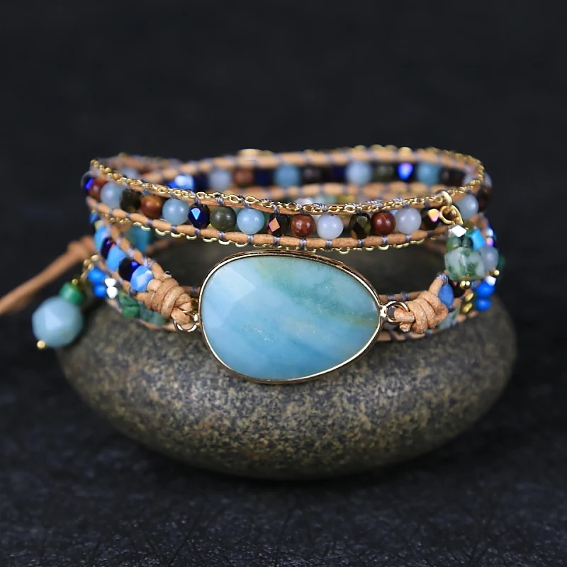 

Exclusive Multilayered Leather Wrap Bracelet Natural Stone Amazonite Beaded Strands Bracelet Boho Jewelry Wholesale Dropshipping