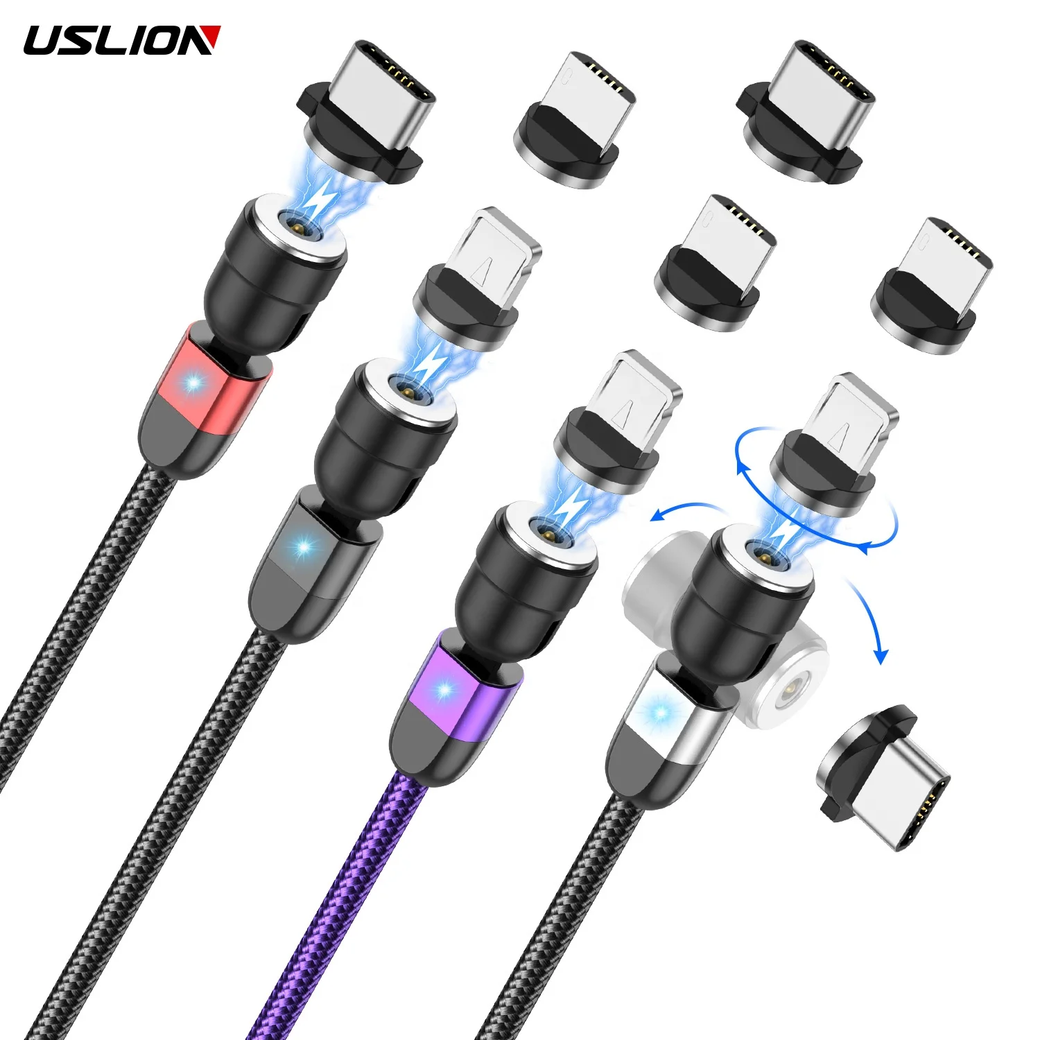 

USLION Hot Sales 2M 540 Degree Led Nylon Weave USB Magnetic Charging USB Cable for Micro USB Type C IOS, Black, red, silver,purple