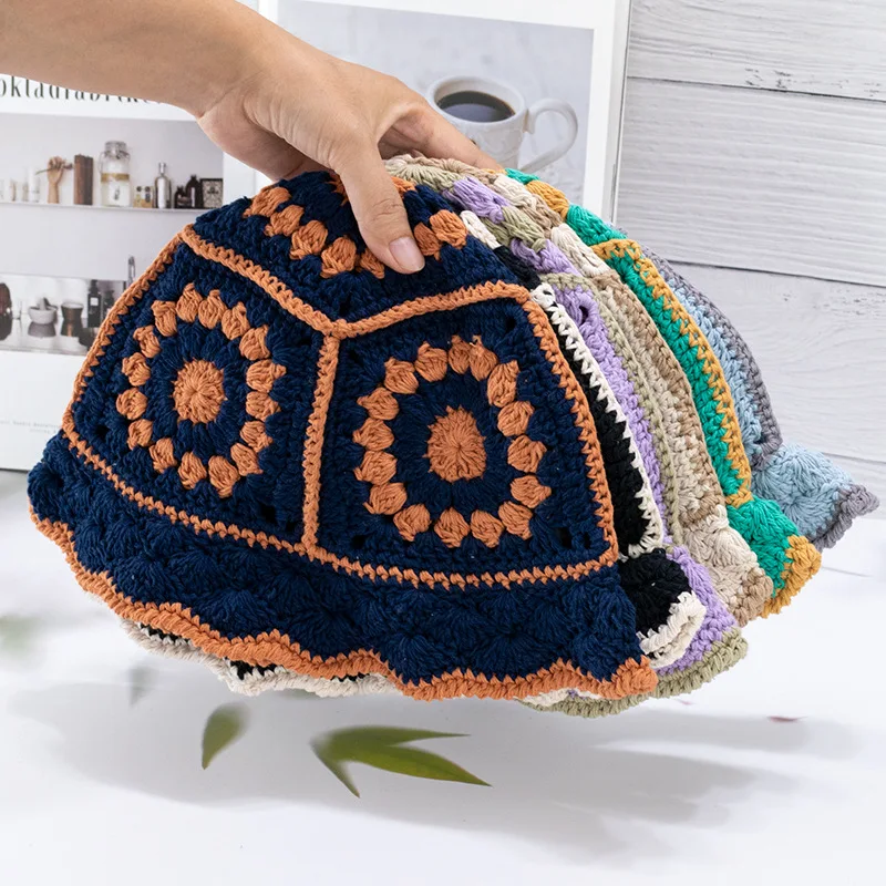 

New Fashion Summer Sun Hand Crochet Knit Women's Bucket Hat Flower Fisherman Hats