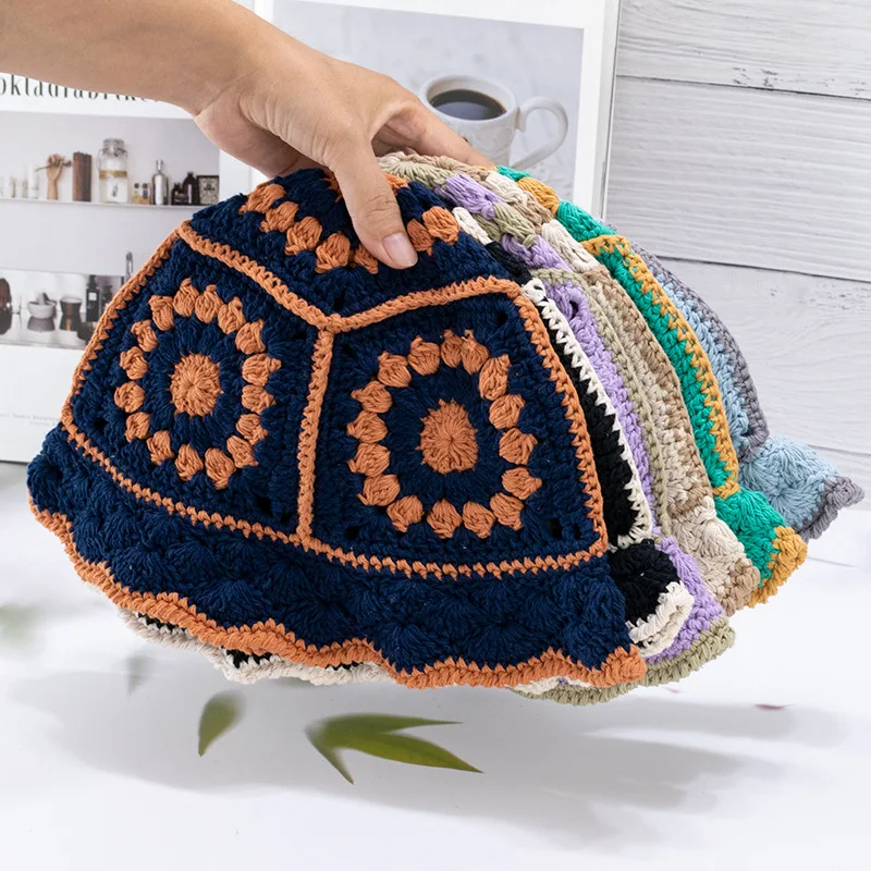 New Fashion Summer Sun Hand Crochet Knit Women's Bucket Hat Flower Fisherman Hats