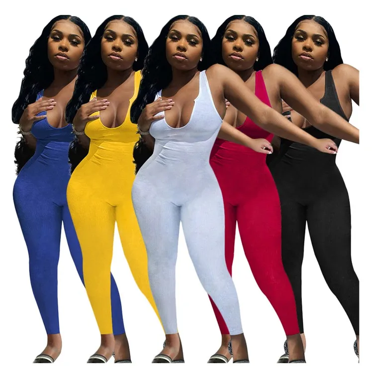 

SN-390119 Simple American Women'S Summer Solid Color Knitted Pit Strip Sports Deep V Neck Women Jumpsuit