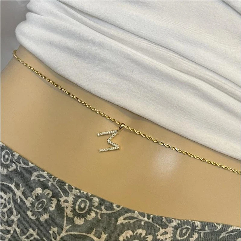 

Body chain 3mm 14k Solid Gold Rope Waist Chain with moissanite letter pendant rope chain body jewelry, White rose, yellow gold, white gold or platinum