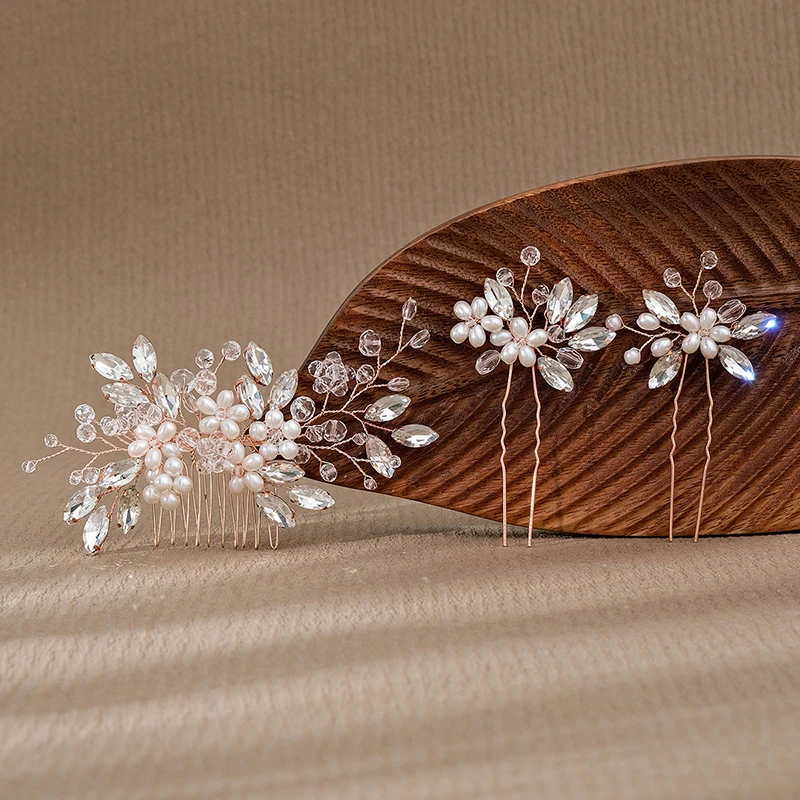 Alloy Flower Leaf Crystal Rhinestones Pearls Bridal Hair Comb Hair Pin Wedding Hair accessories Women Jewelry