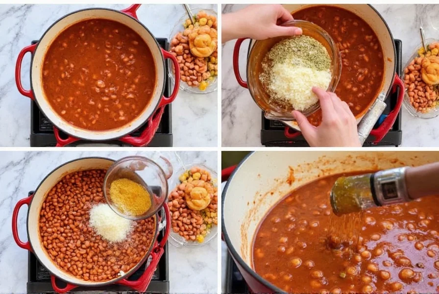 Step-by-step bean chili cooking process showing ingredients being added to a large pot